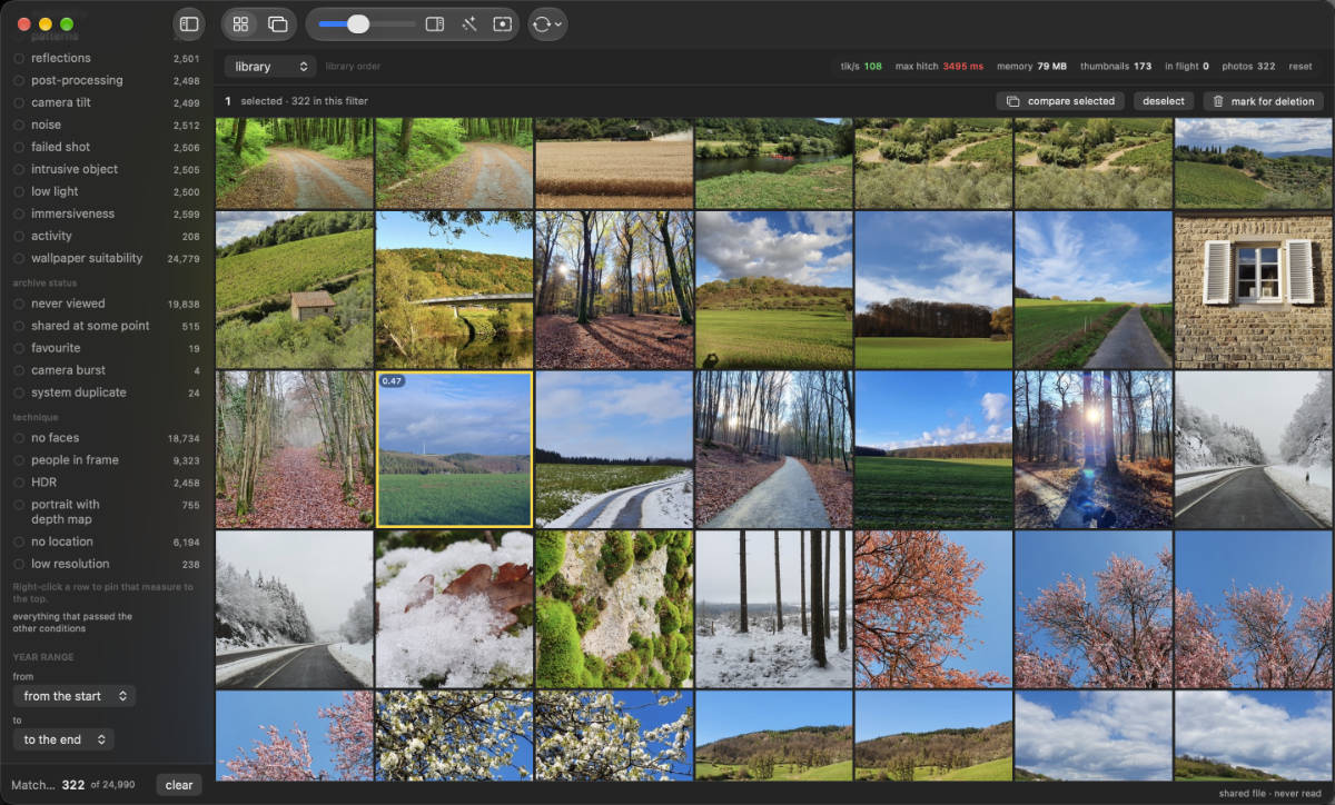 Lightbrary on macOS: the measures panel on the left lists system scores with a count beside each one, and the grid shows the photos that match.